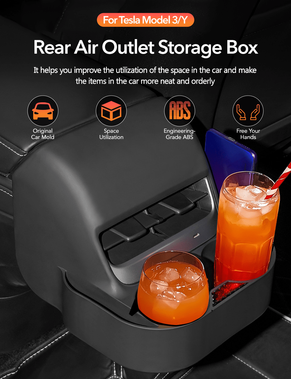 Rear Air Vent Cup Holder Storage Box For Tesla Model 3/Y