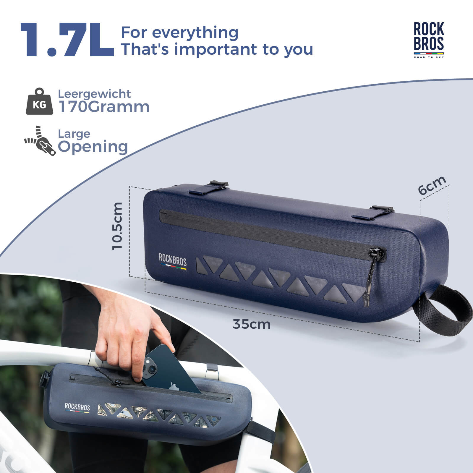 Road To Sky Bike Frame Bag 100% Waterproof 1.7L