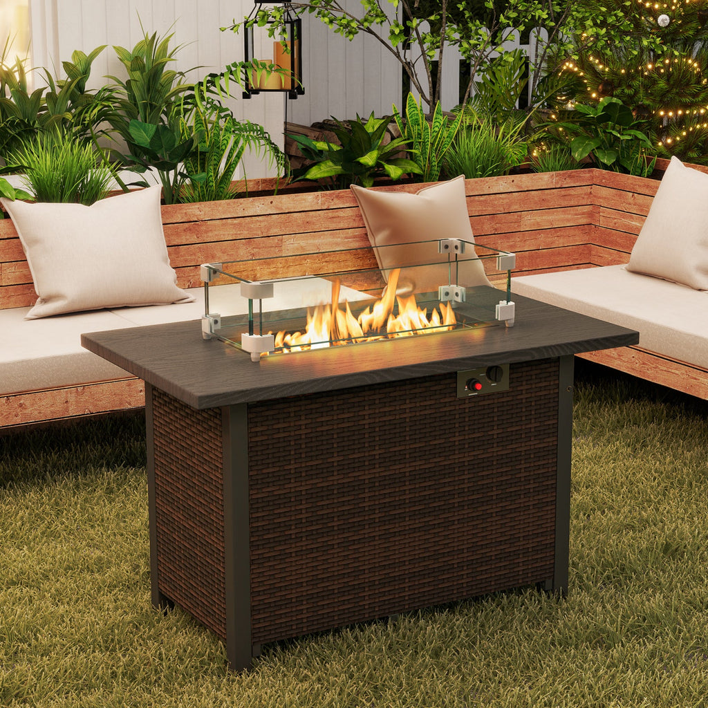 50000 BTU 2 Inch ropane Gas Fire Pit Table with Wind Guard and Glass Rocks