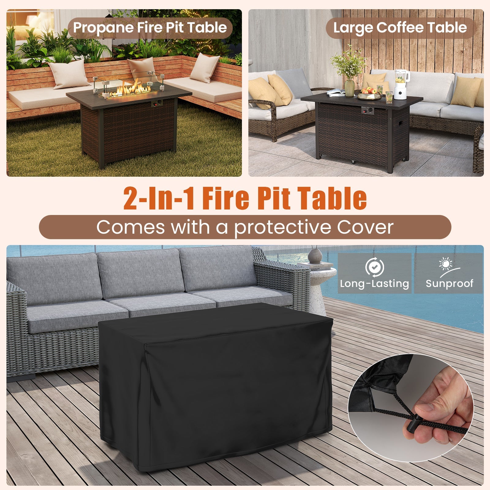 50000 BTU 2 Inch ropane Gas Fire Pit Table with Wind Guard and Glass Rocks