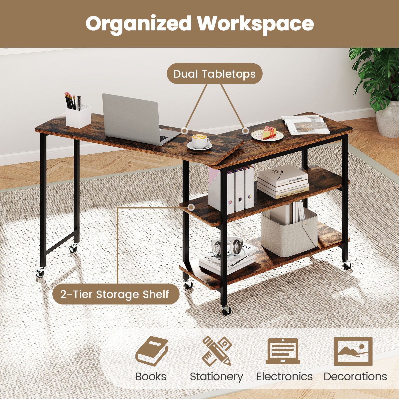 360° Rotating Sofa Side Table with Storage Shelves and Wheels