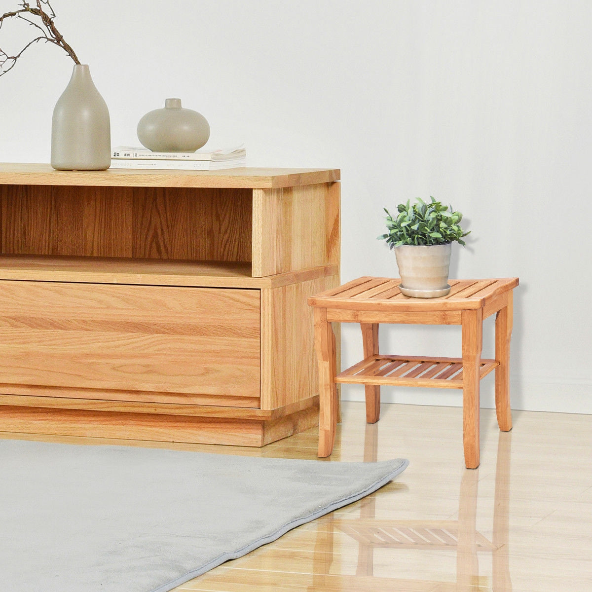 Bathroom Bamboo Shower Chair Bench with Storage Shelf