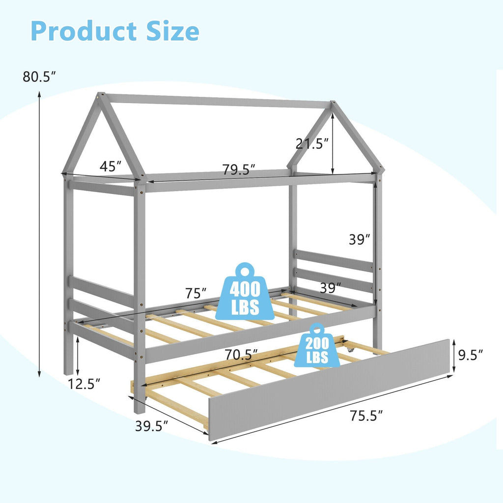 Kids Platform Bed Frame with Roof for Bedroom