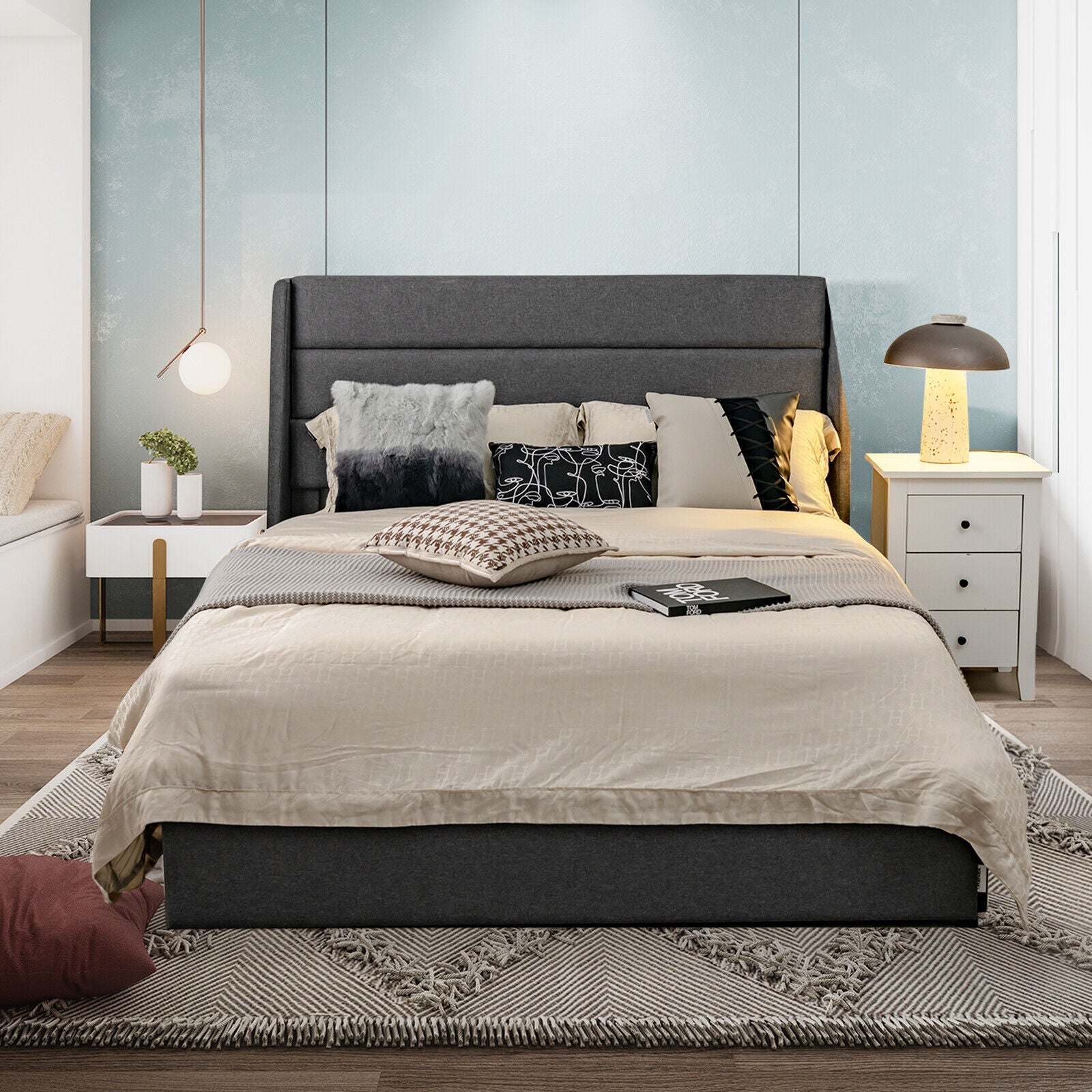 Upholstered Platform Bed Frame with 3 Storage Drawers