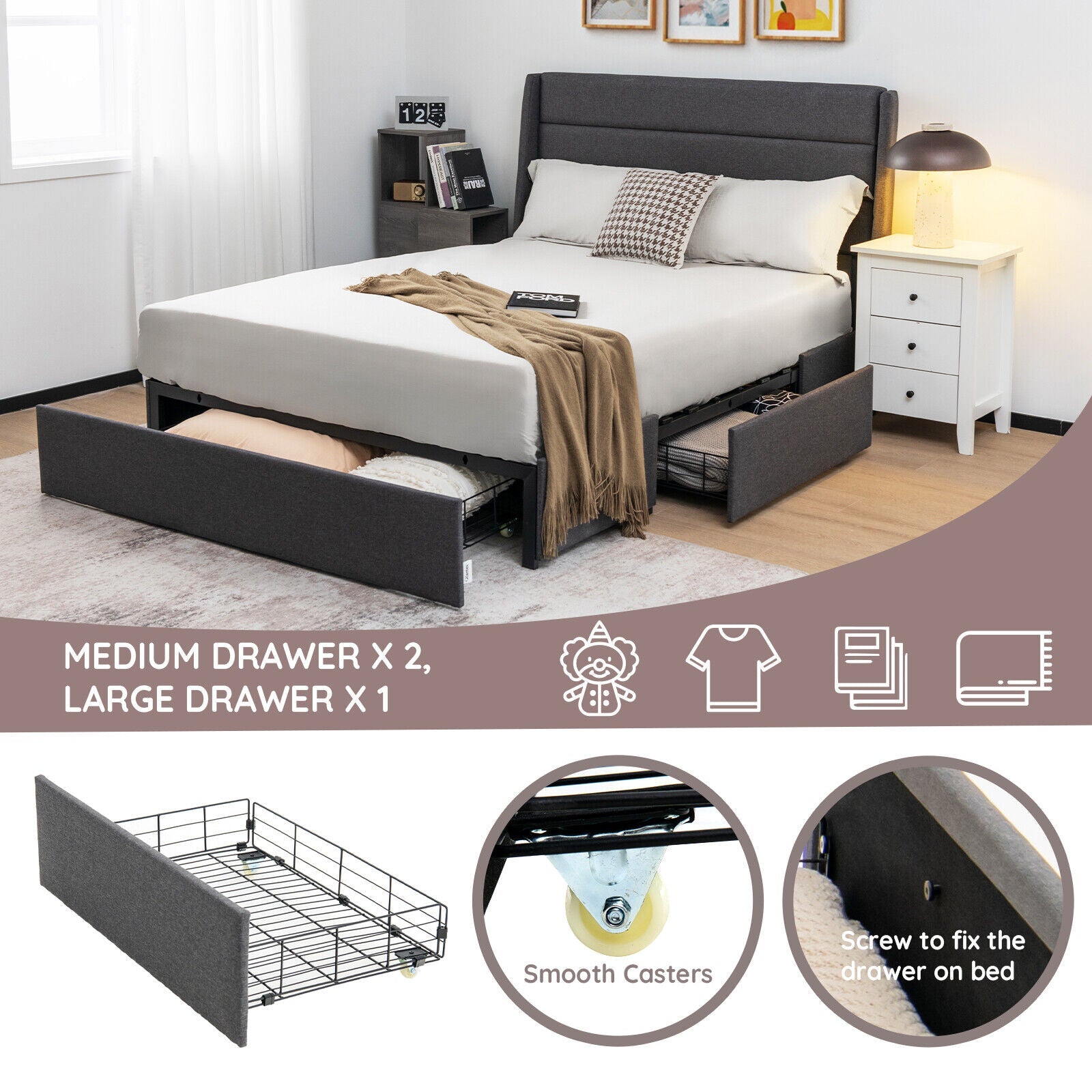 Upholstered Platform Bed Frame with 3 Storage Drawers