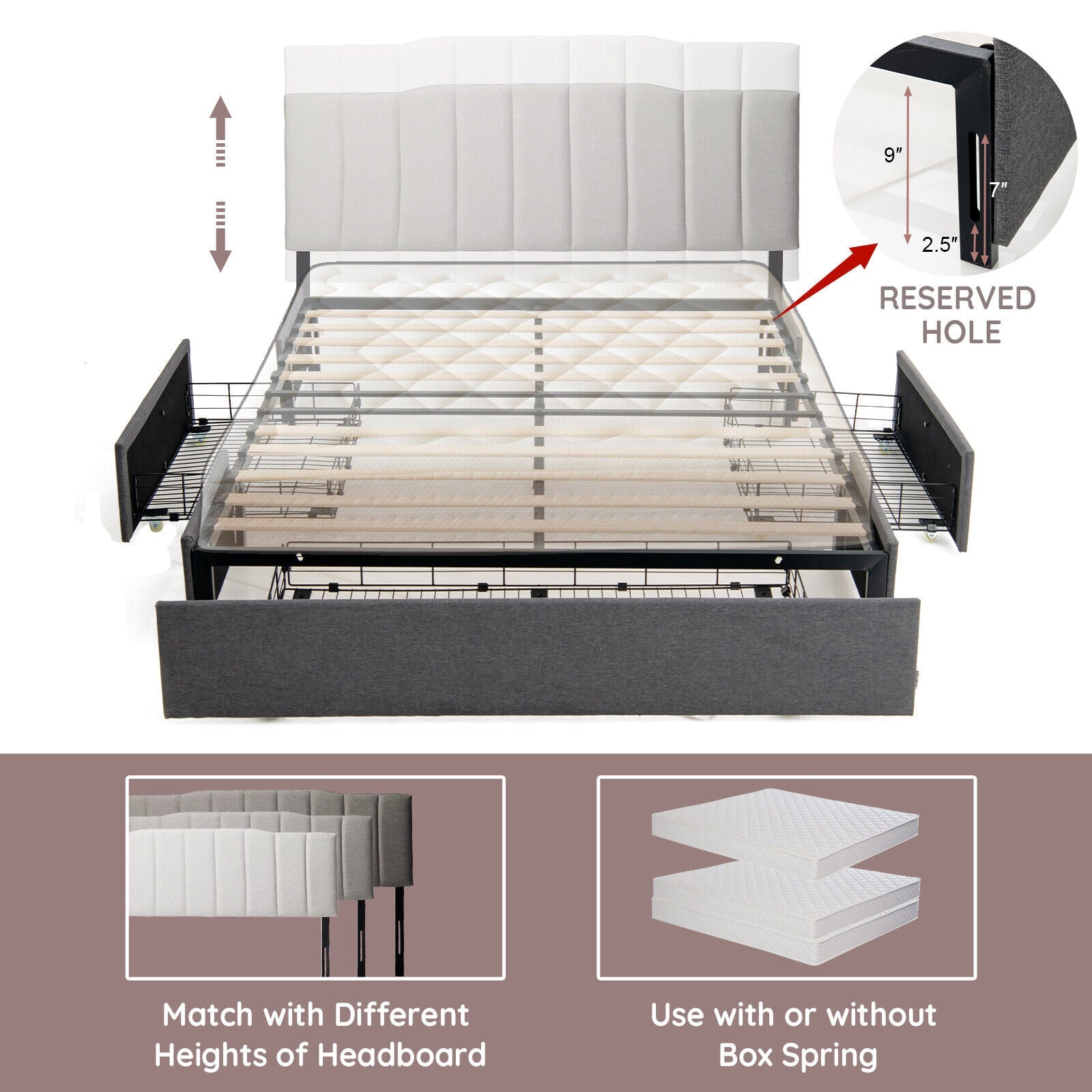Upholstered Platform Bed Frame with 3 Storage Drawers