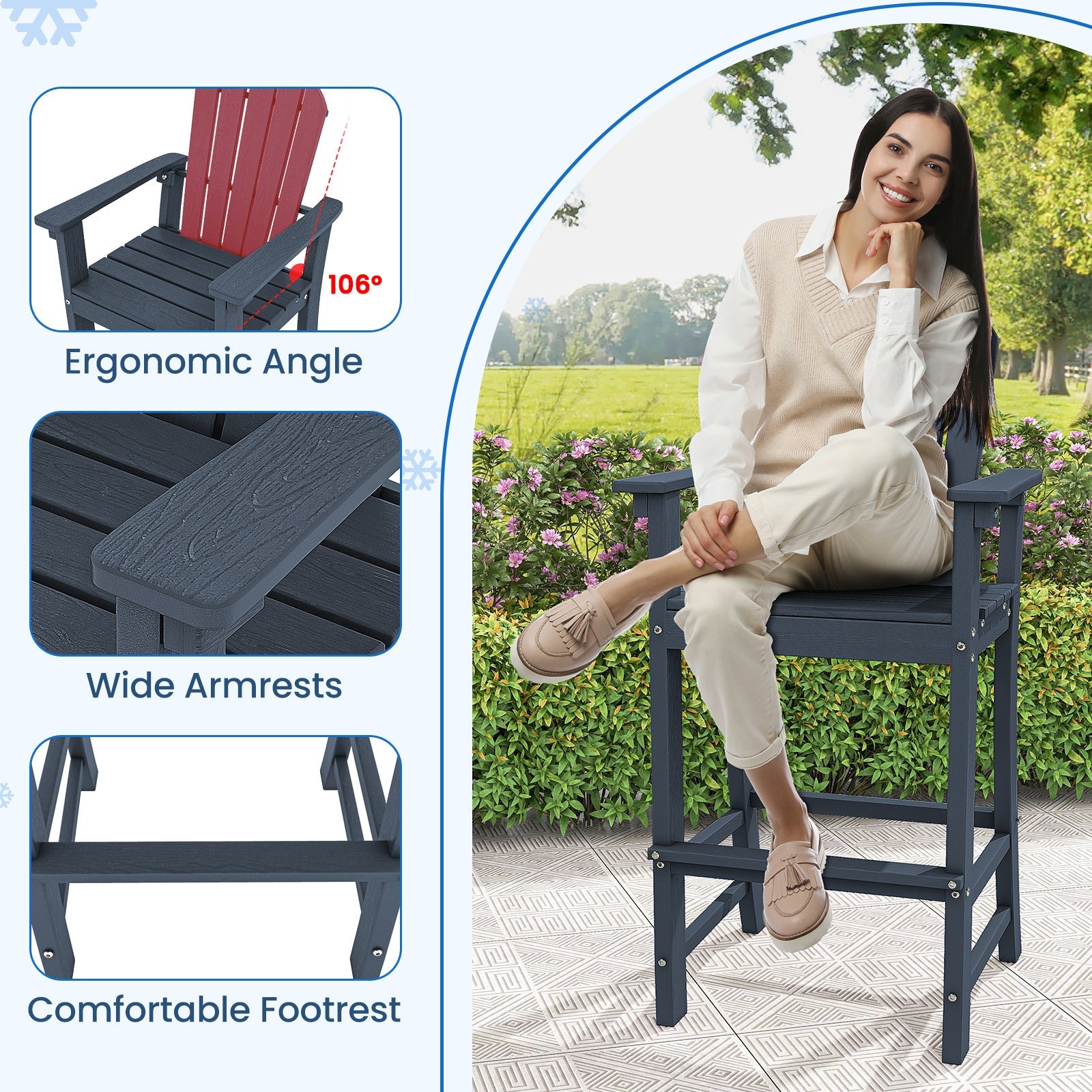 Set of 2 Counter Height Outdoor HDPE Bar Stool with Armrests and Footrest