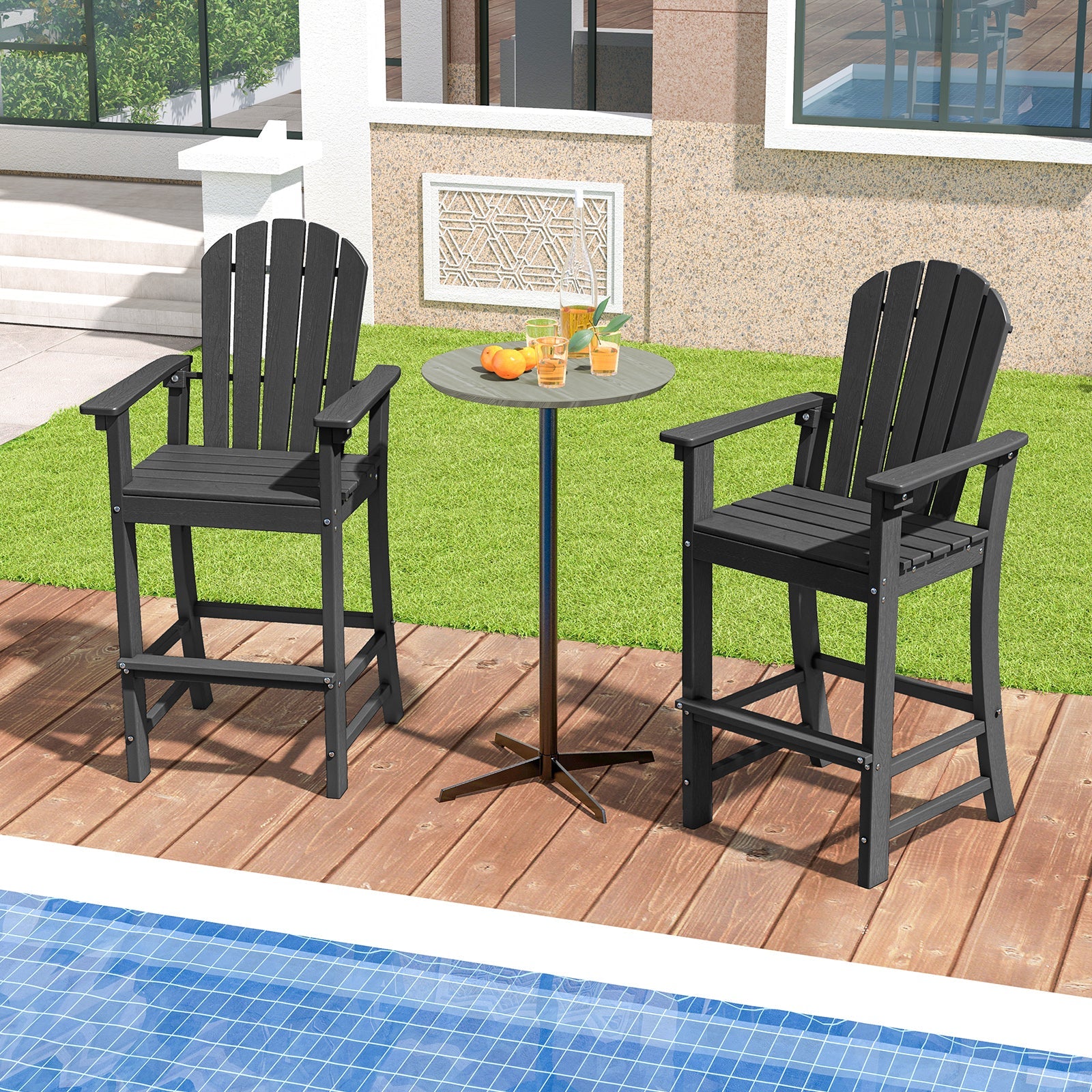 Set of 2 Counter Height Outdoor HDPE Bar Stool with Armrests and Footrest