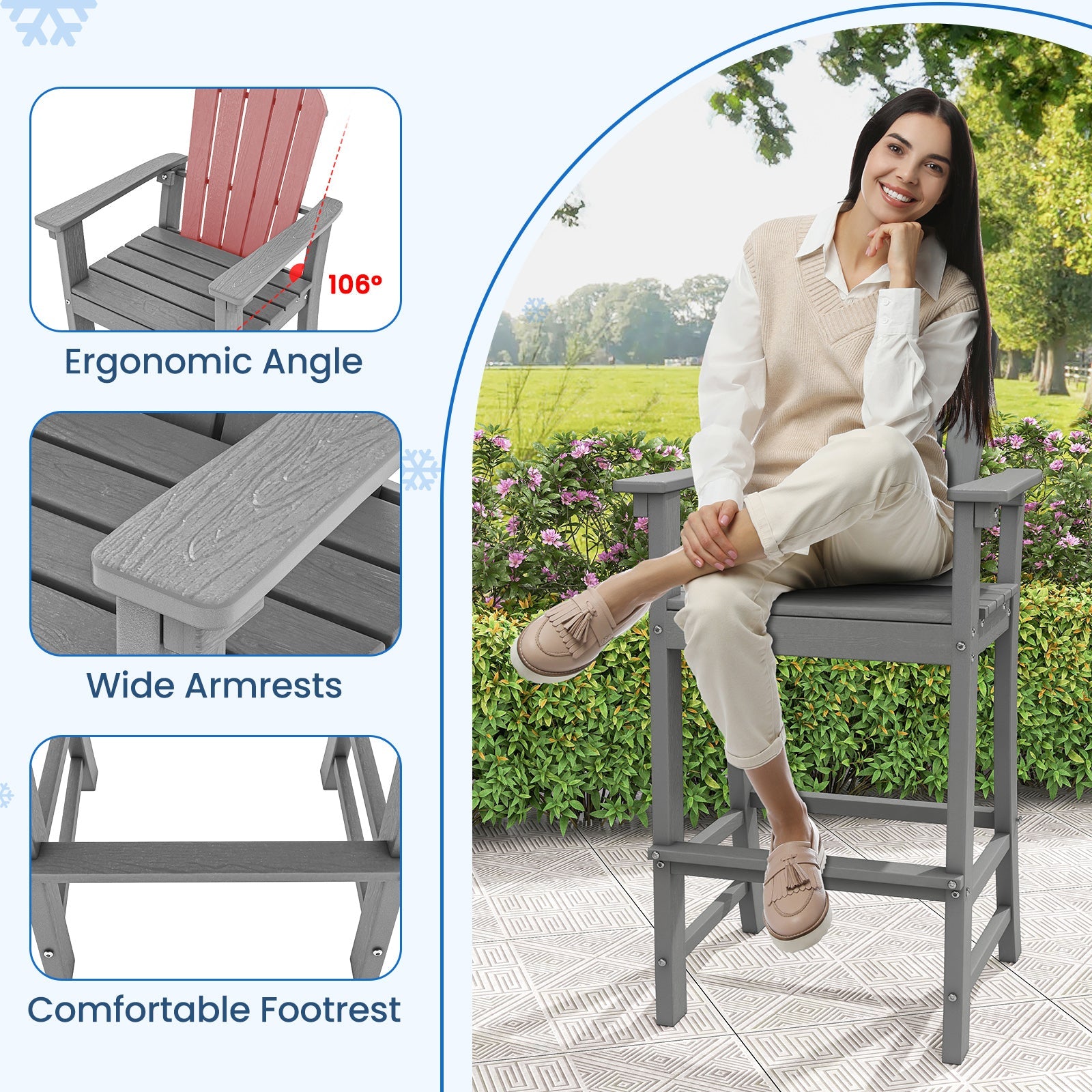 Set of 2 Counter Height Outdoor HDPE Bar Stool with Armrests and Footrest