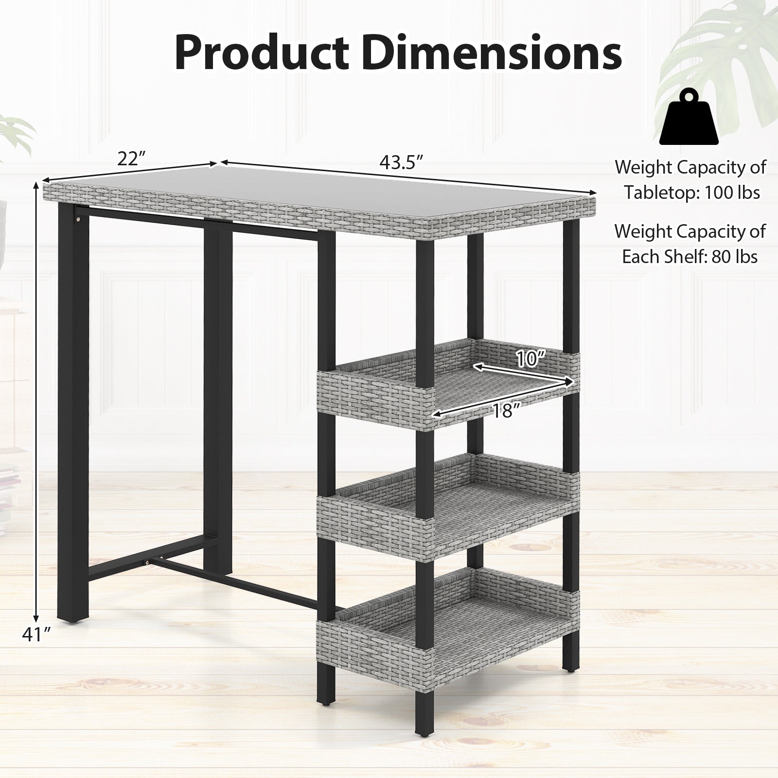 43.5 Inch Outdoor Bar Table with Tempered Glass Top