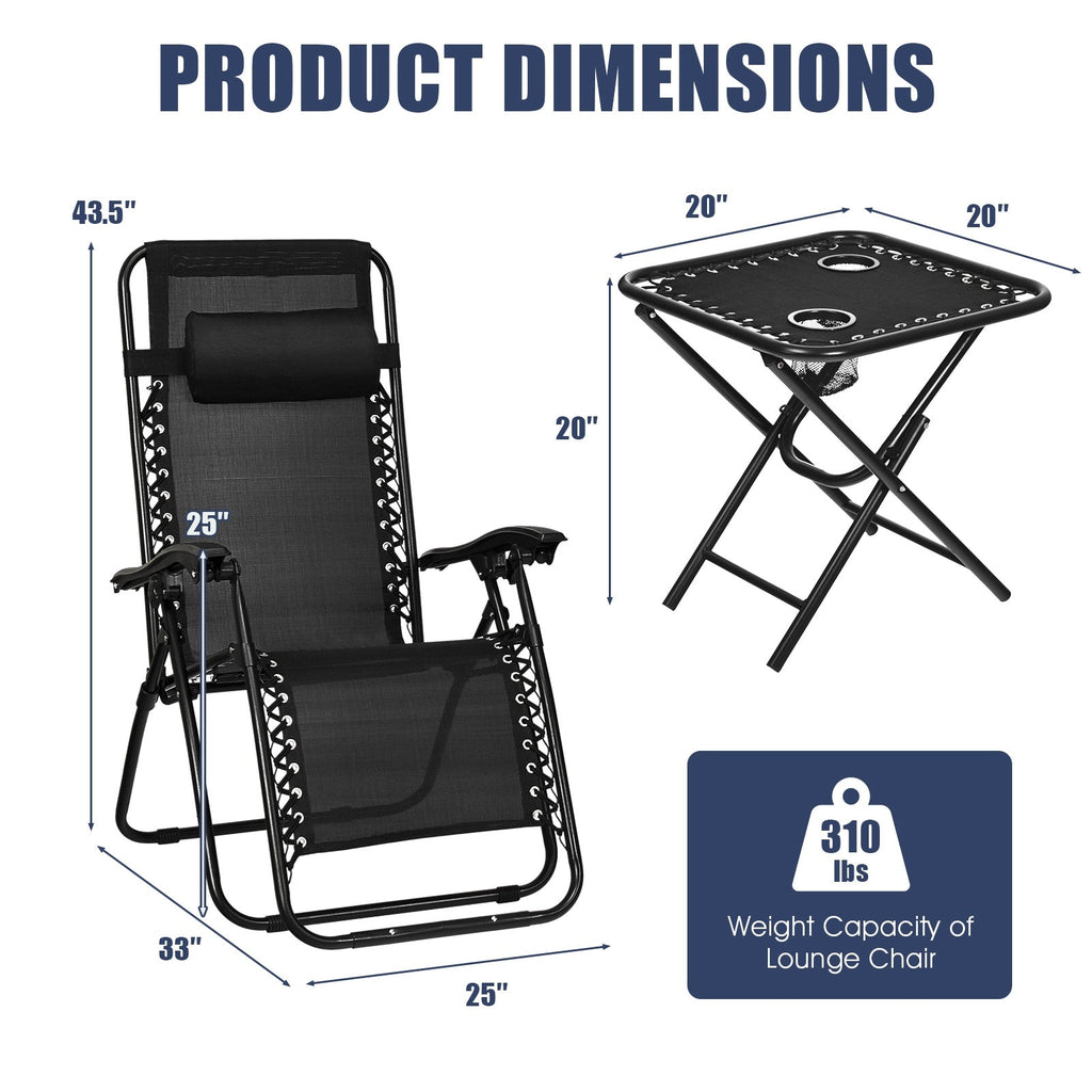3 Pieces Folding Portable Zero Gravity Reclining Lounge Chairs Table Set