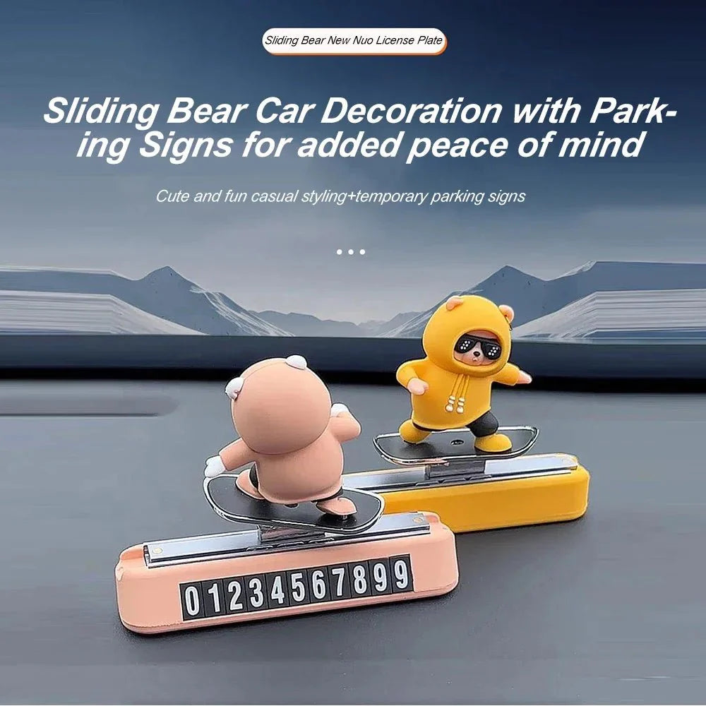 Skateboard Bear Dashboard Car Ornament | Magnetic Parking Number Plate & Cartoon Car Decoration