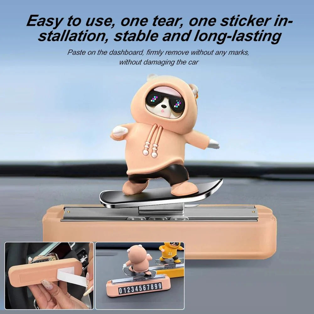 Skateboard Bear Dashboard Car Ornament | Magnetic Parking Number Plate & Cartoon Car Decoration