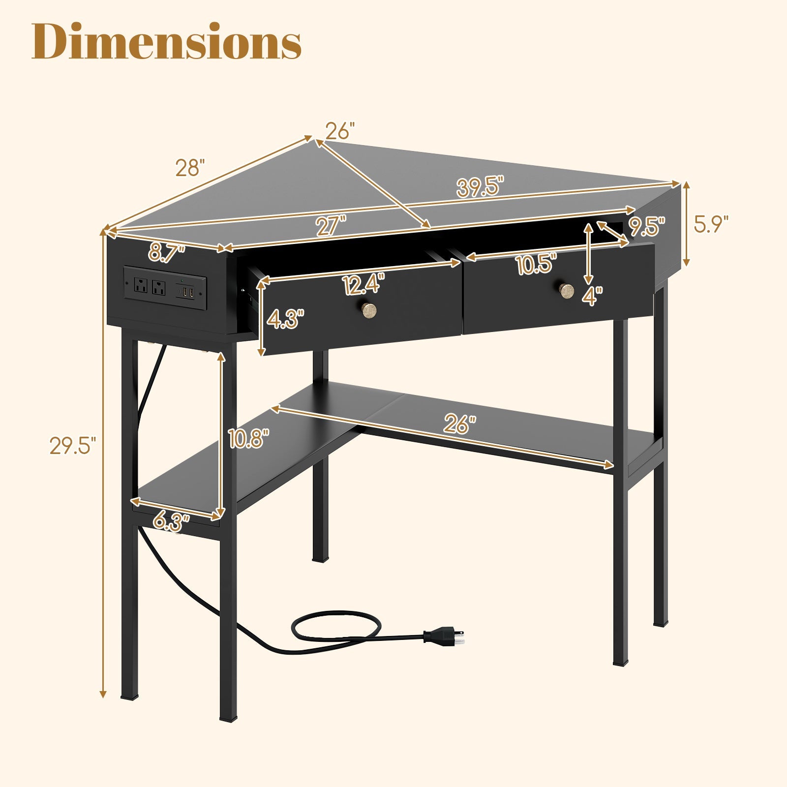 Triangle Corner Desk with Charging Station with 2 Drawers and Storage Shelf