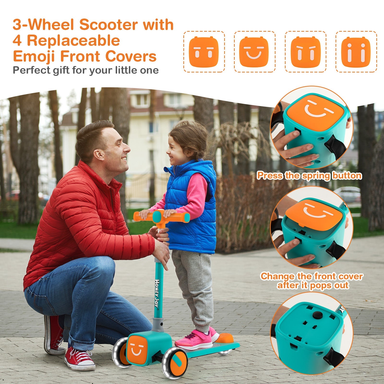 Folding Adjustable Kids Toy Scooter with LED Flashing Wheels Horn 4 Emoji Covers