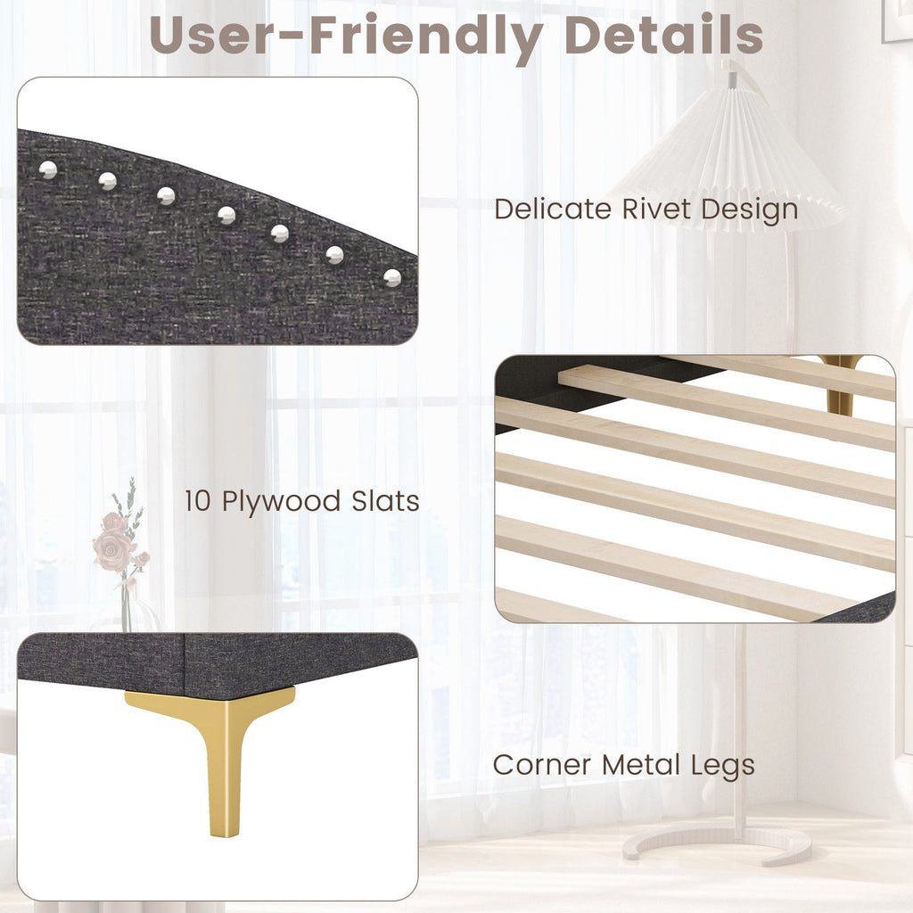 Full/Twin Size Rivet-Tufted Platform Bed with Metal Legs and Wood Slats