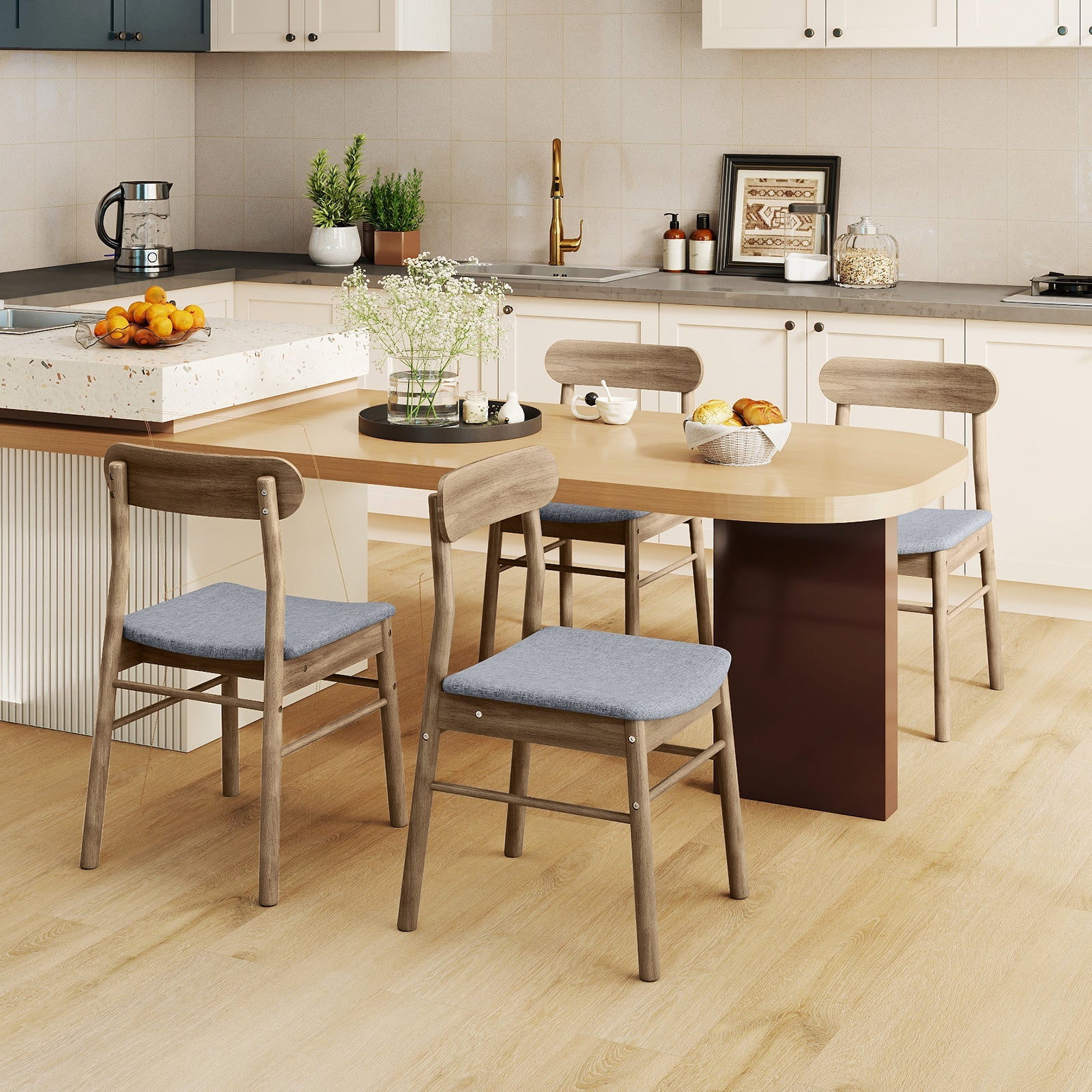 Fabric Upholstered Kitchen Armless Dining Chairs with Rubber Wood Frame Set of 4-Oak