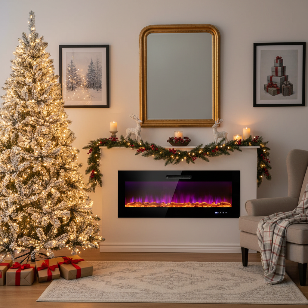 Ultimate Holiday D√©cor Suite: Pre-Lit Snow Flocked Christmas Tree & 50" Recessed Electric Fireplace Set