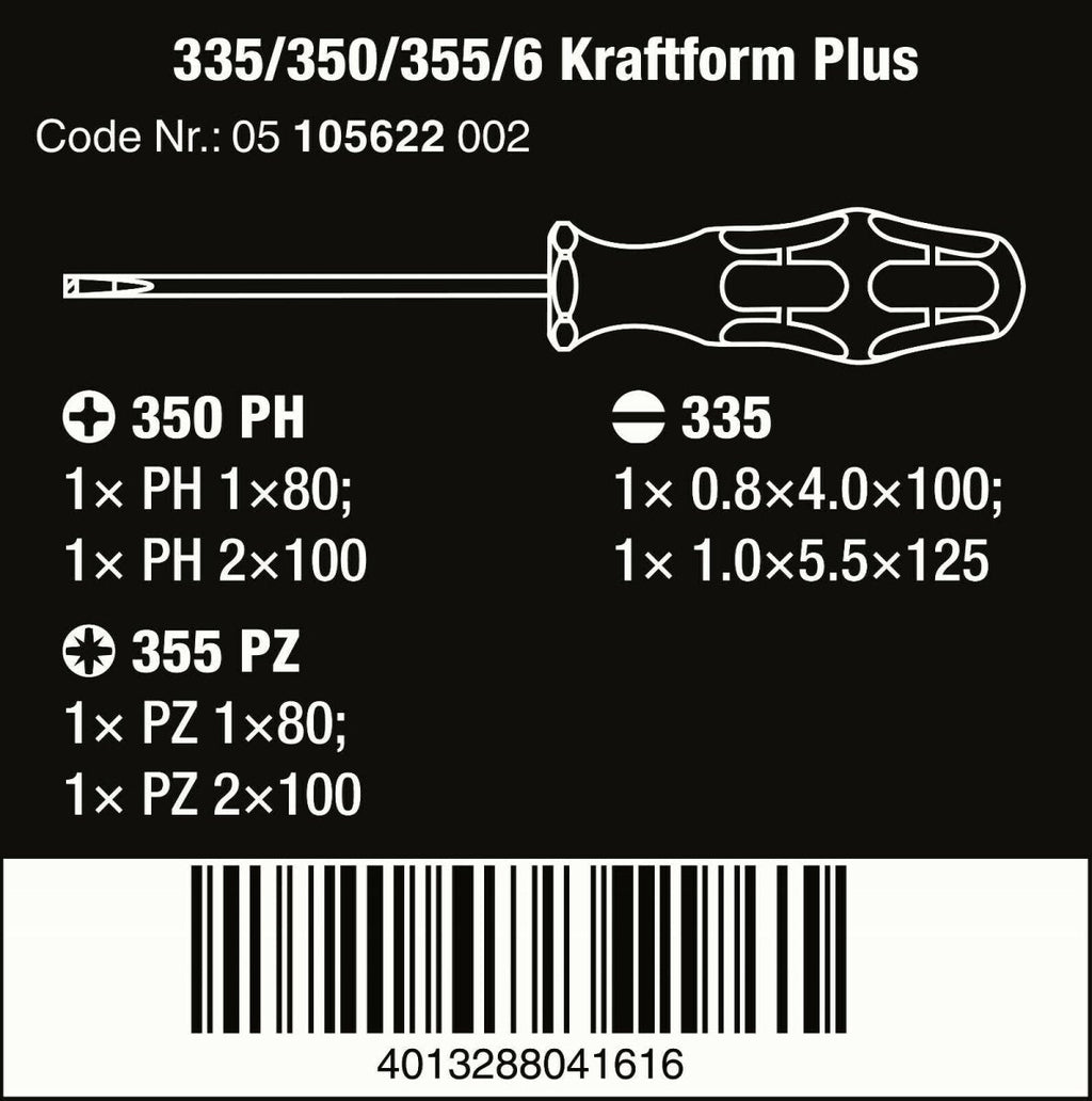 Wera 335/350/355/6 Kraftform Plus Lasertip Screwdriver Set 6 Piece 05105622001