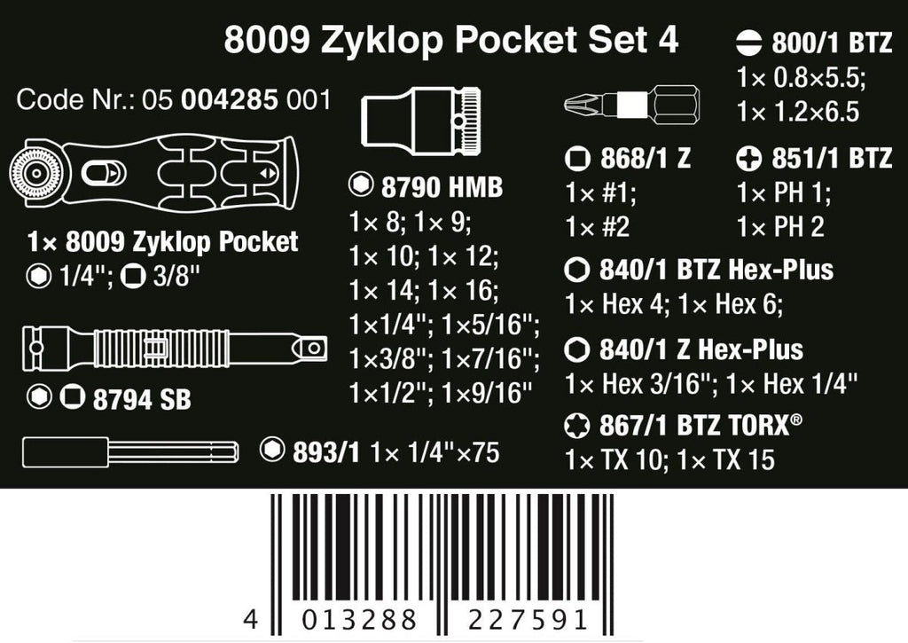 Wera 8009 Zyklop Pocket Set 4 Socket Wrench Set 3/8" Drive SAE 05004285001