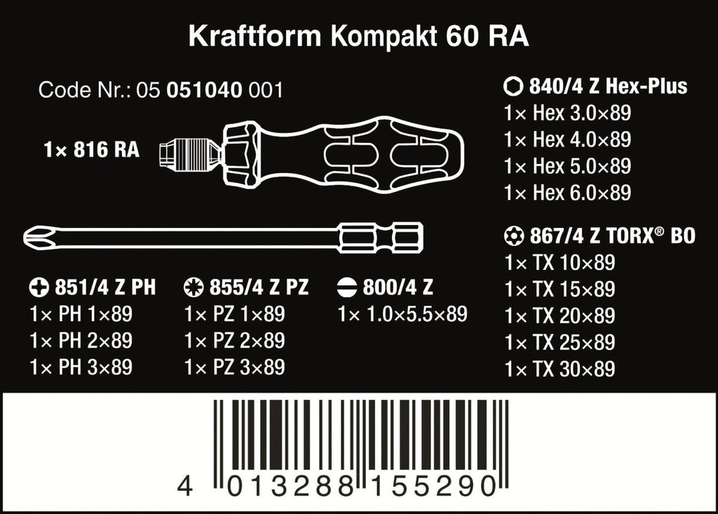 Wera Kraftform Kompakt 60 RA Ratcheting Screwdriver Set Metric 05051040001