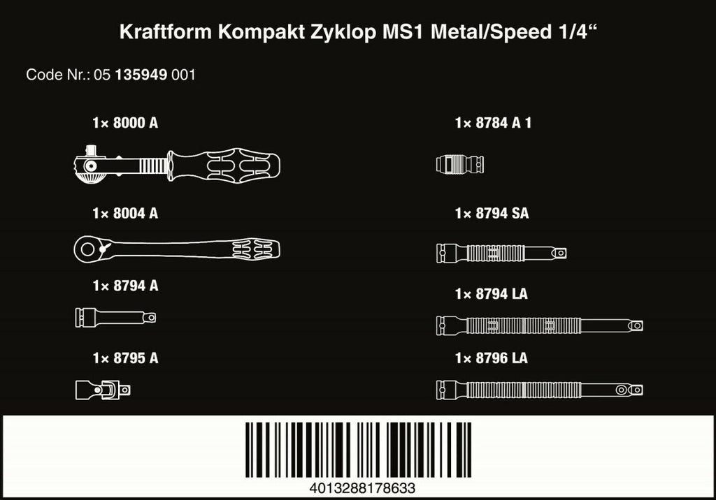 Wera Kraftform Kompakt Zyklop MS1 Metal Speed Socket Wrench Set 1/4" 05135949001