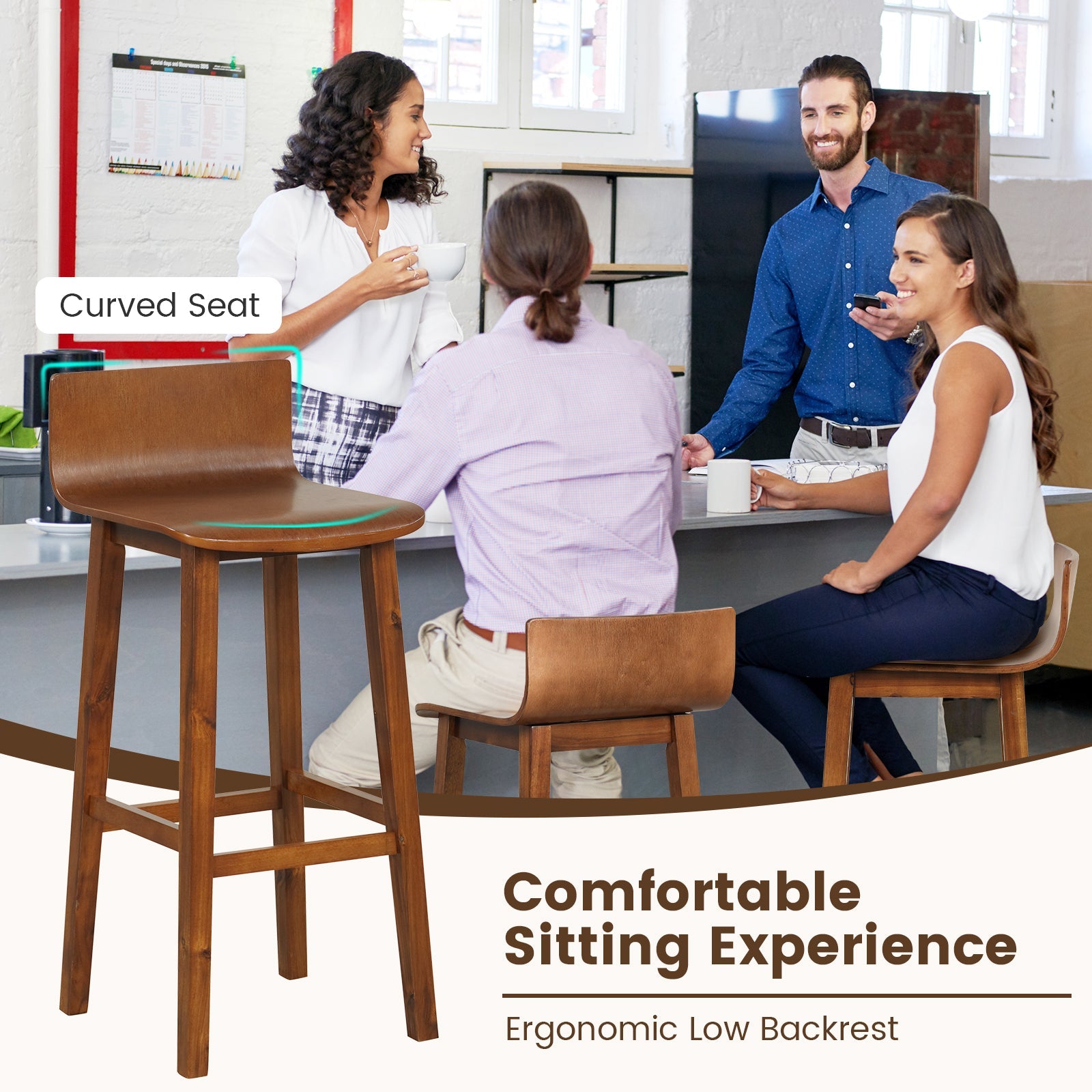 29 Inch Wood Bar Stools Set of 2 with Solid Back and Seat-Walnut
