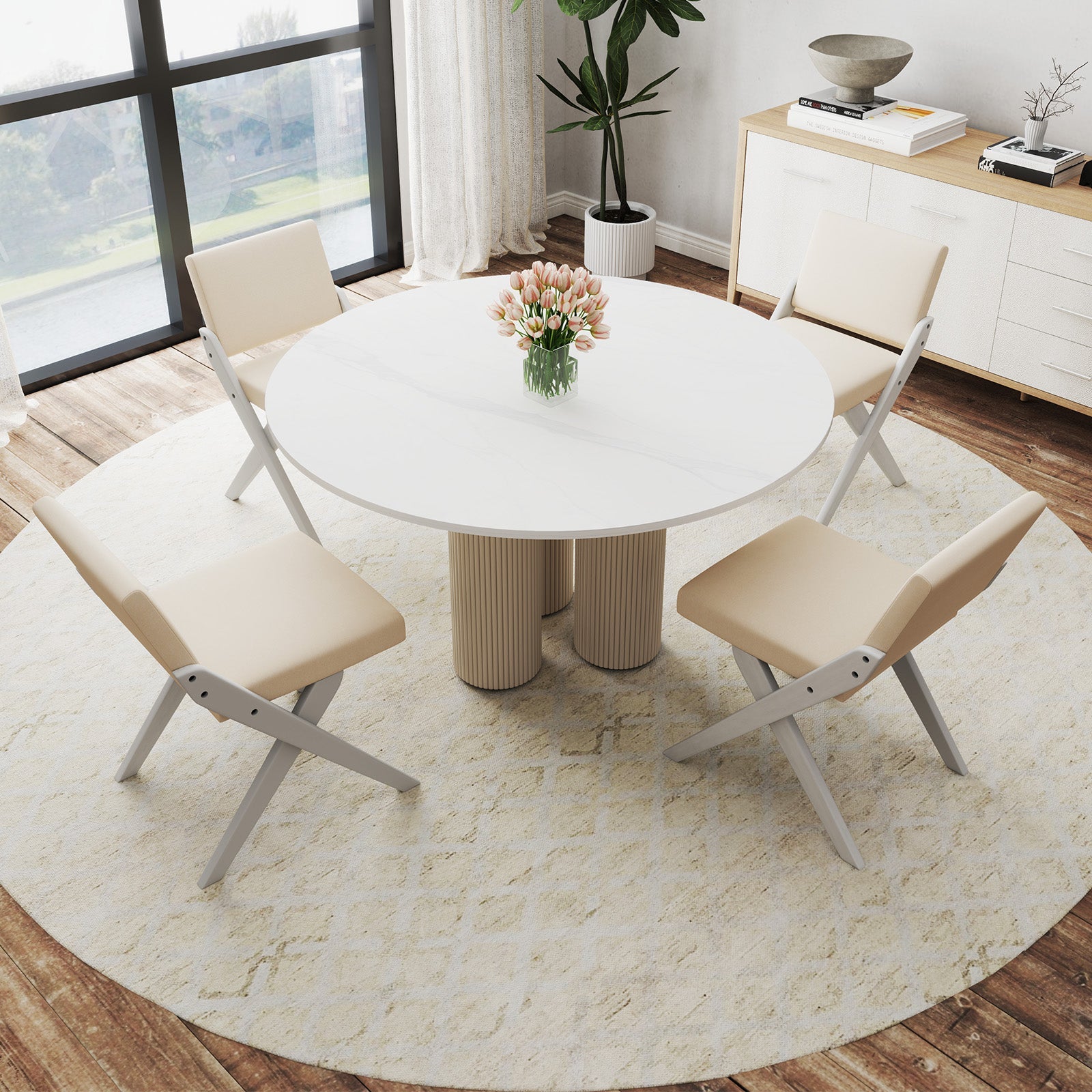 Wooden Dining Chairs of 2 with Rubber Wood Frame and Padded Cushions-White