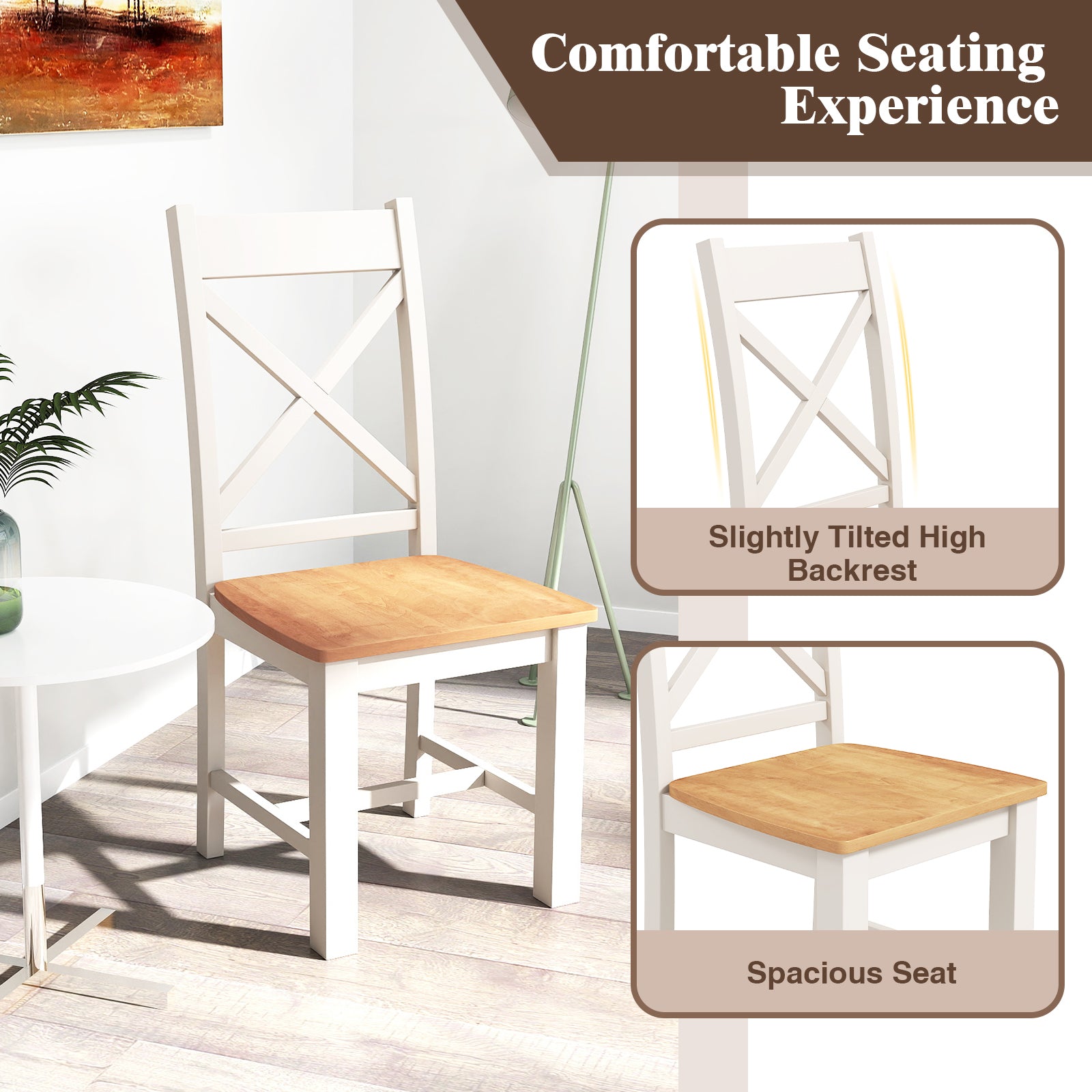 Wooden Dining Chairs Set of 2 with High Back and Rubber Wood Frame-Natural