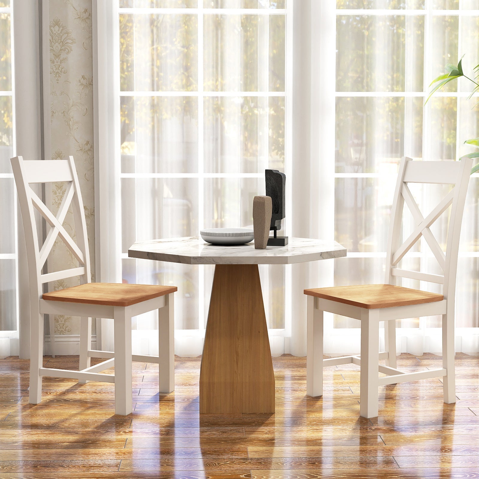 Wooden Dining Chairs Set of 2 with High Back and Rubber Wood Frame-Natural