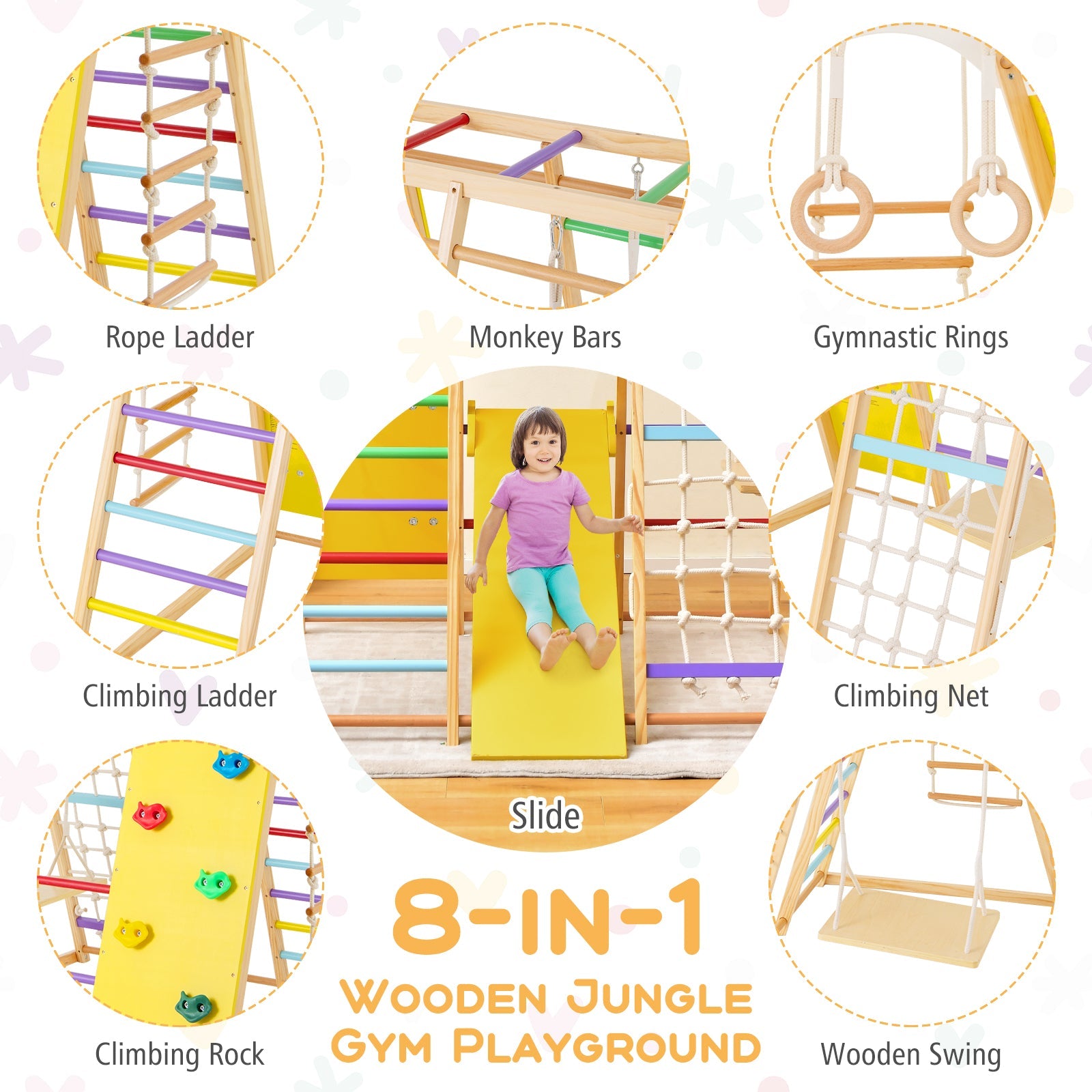8-in-1 Wooden Jungle Gym Playset with Slide and Monkey Bars